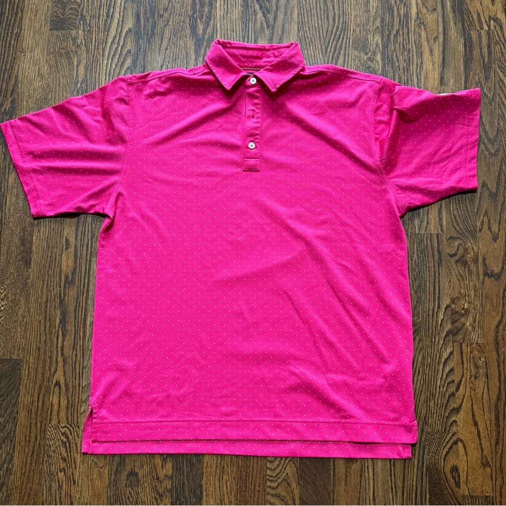 Men’s FootJoy pink with white polka dots performance fabric golf shirt